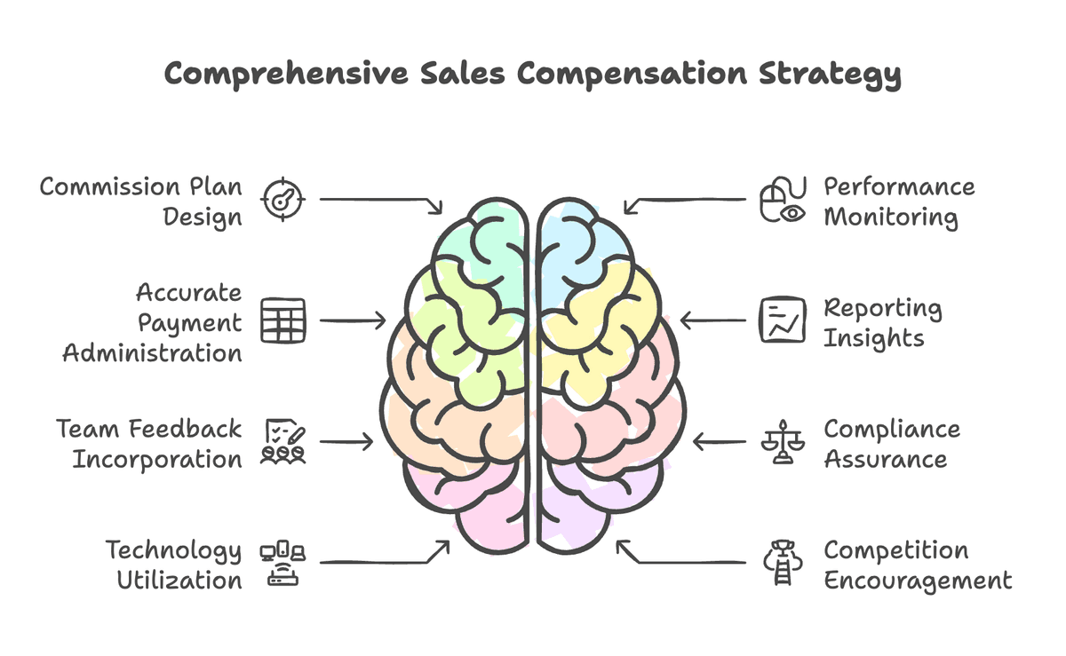 Sales Compensation and Incentives: commission plan design, accurate administration, feedback, technology, monitoring, reporting, compliance, competition.
