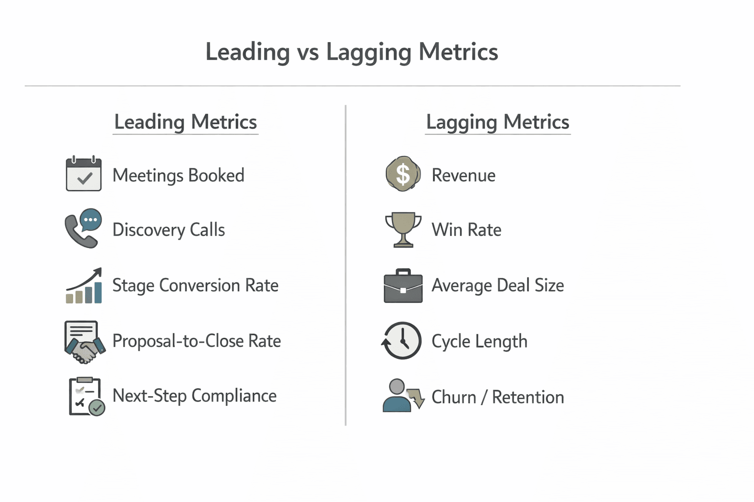 Diagram comparing leading and lagging sales metrics with examples for each