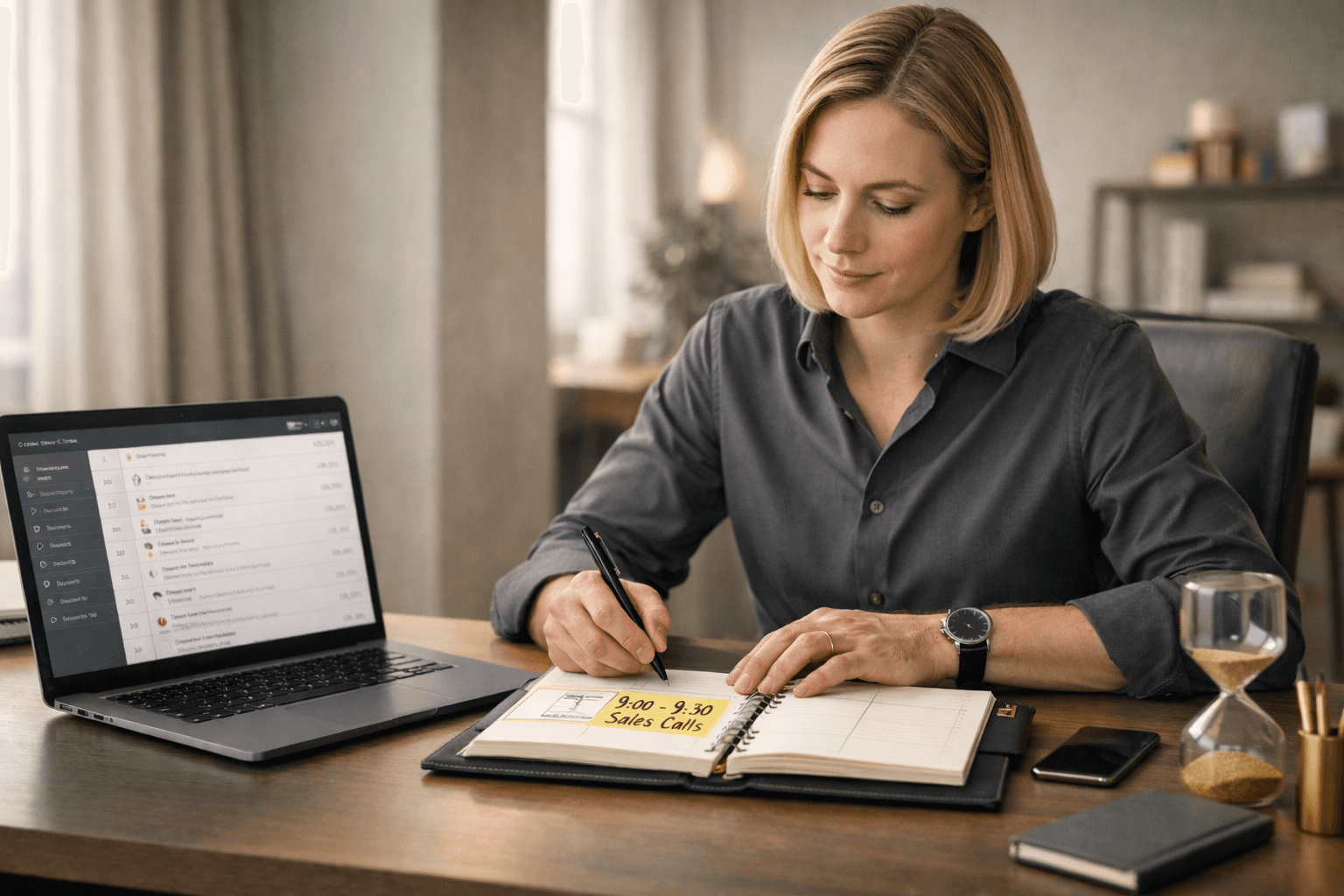 Sales professional time-blocking a daily sales routine on a calendar