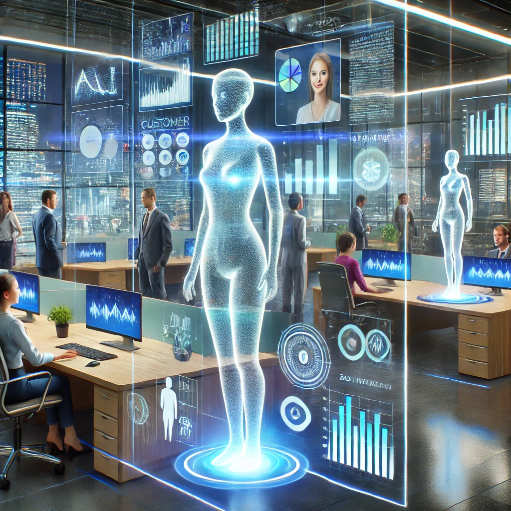 Illustration of AI-powered virtual agents assisting in sales and customer service. The image features a sleek, modern office environment Illustration of AI-powered virtual agents assisting in sales and customer service. The image features a sleek, modern office environment
