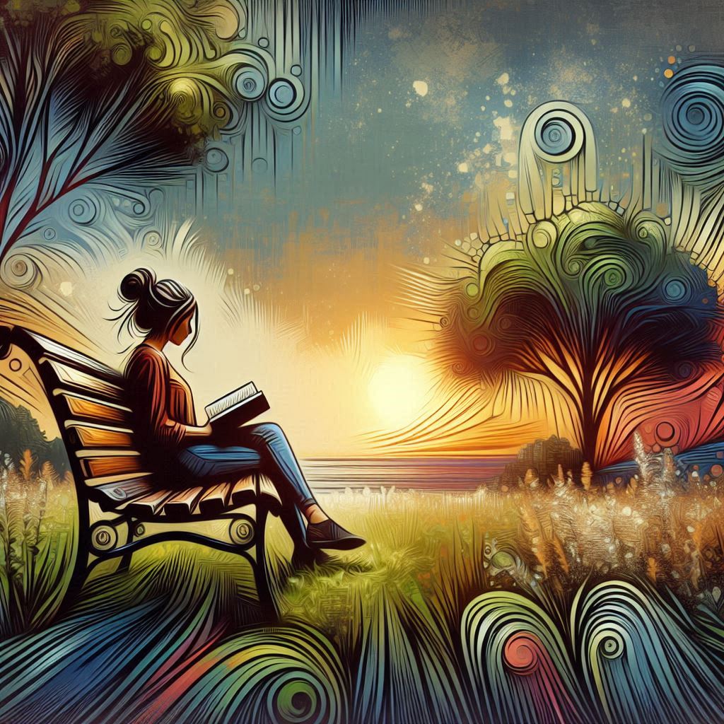 Abstract AI-generated image featuring a girl sitting on a bench and reading a book.