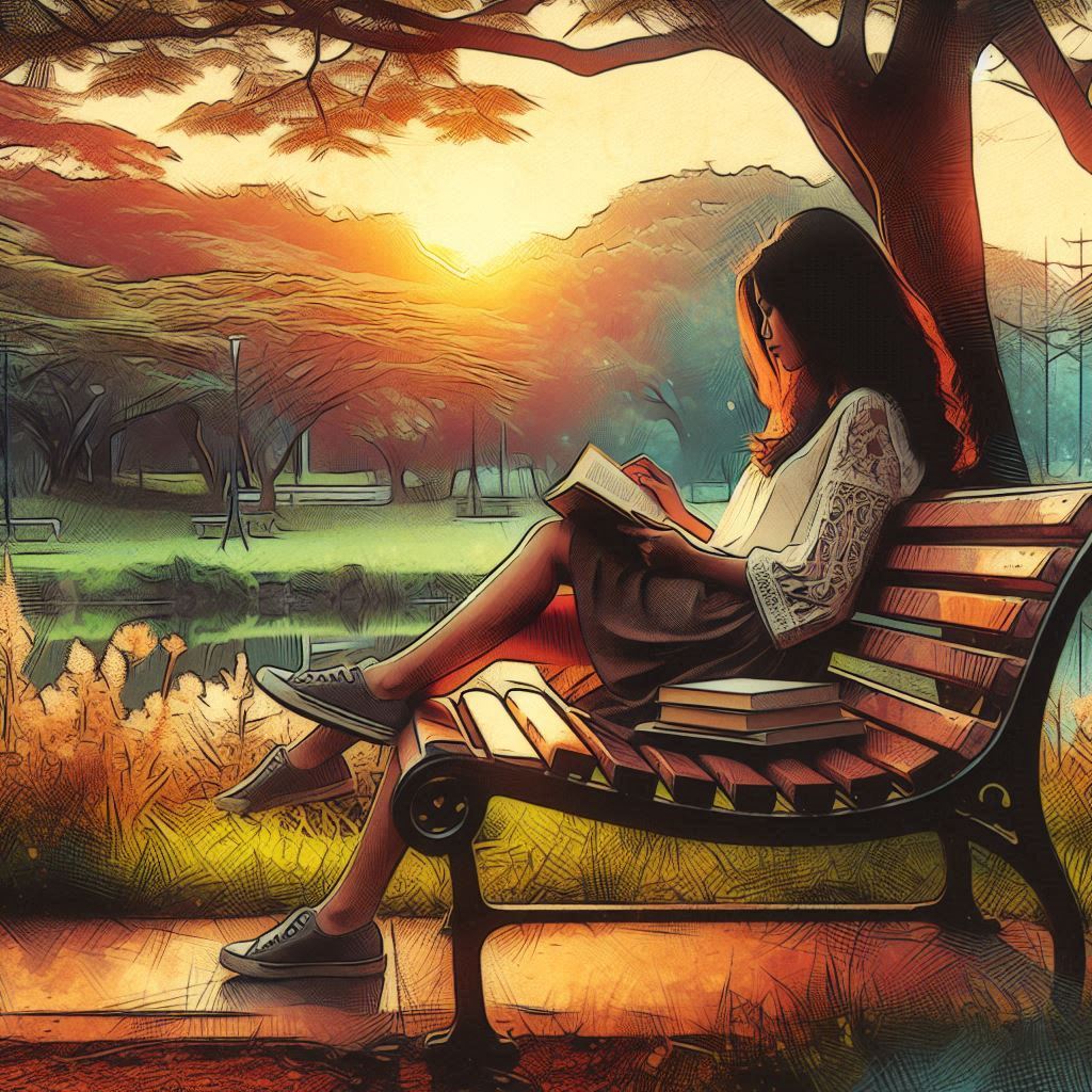 Artsy AI-generated image featuring a girl sitting on a bench and reading a book.