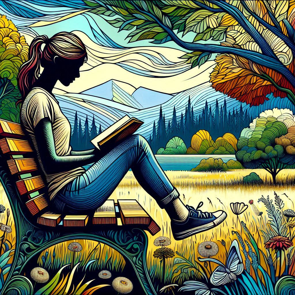 Bold AI-generated image featuring a girl sitting on a bench and reading a book.
