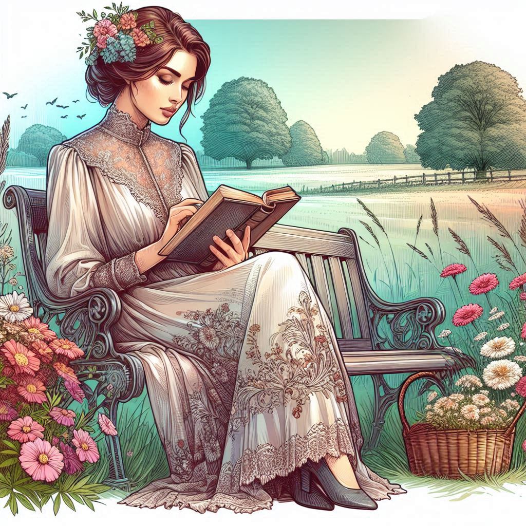 Elegant AI-generated image featuring a girl sitting on a bench and reading a book.