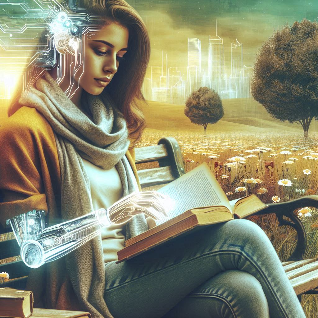 Futuristic AI-generated image featuring a girl sitting on a bench and reading a book.