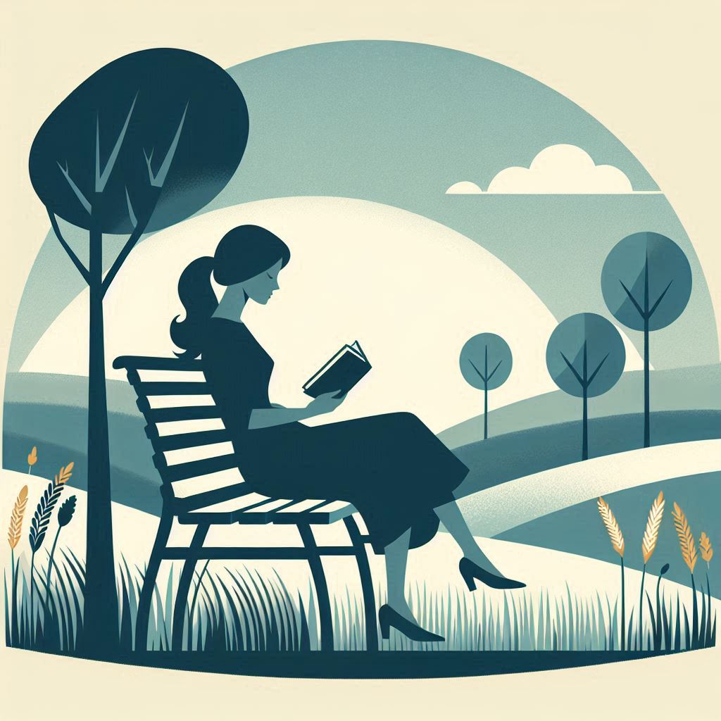 Minimalist AI-generated image featuring a girl sitting on a bench and reading a book.