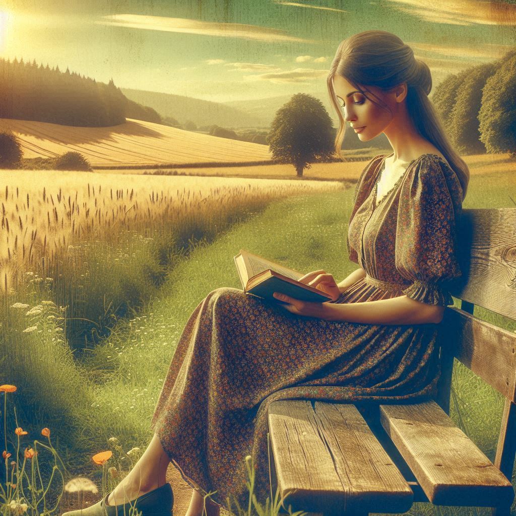 Nostalgic AI-generated image featuring a girl sitting on a bench and reading a book.
