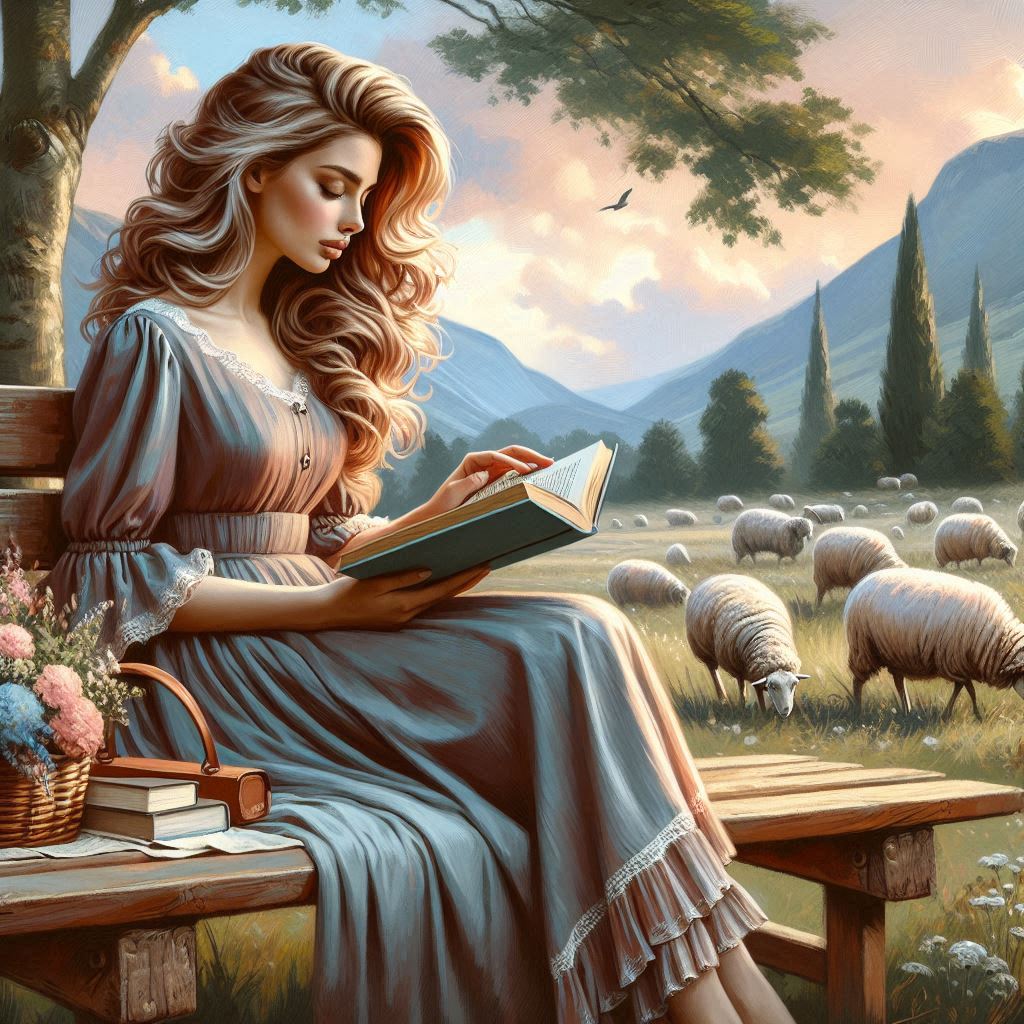 Example of image adjustment: adding sheep (lambs) to an AI-generated image depicting a girl sitting on a bench reading a book.