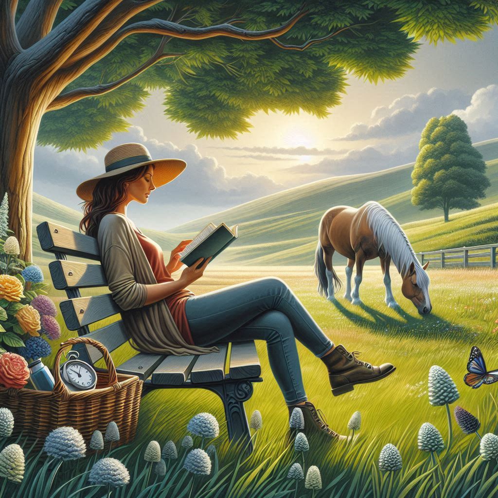 Example of image adjustment: adding a horse to an AI-generated image depicting a girl sitting on a bench reading a book.