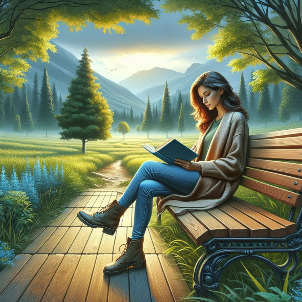 Realistic AI-generated image featuring a girl sitting on a bench and reading a book.