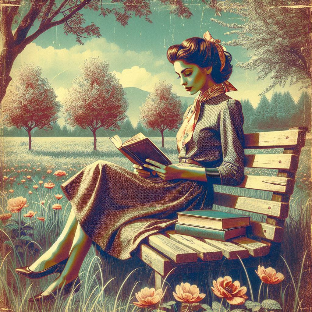 Retro AI-generated image featuring a girl sitting on a bench and reading a book.