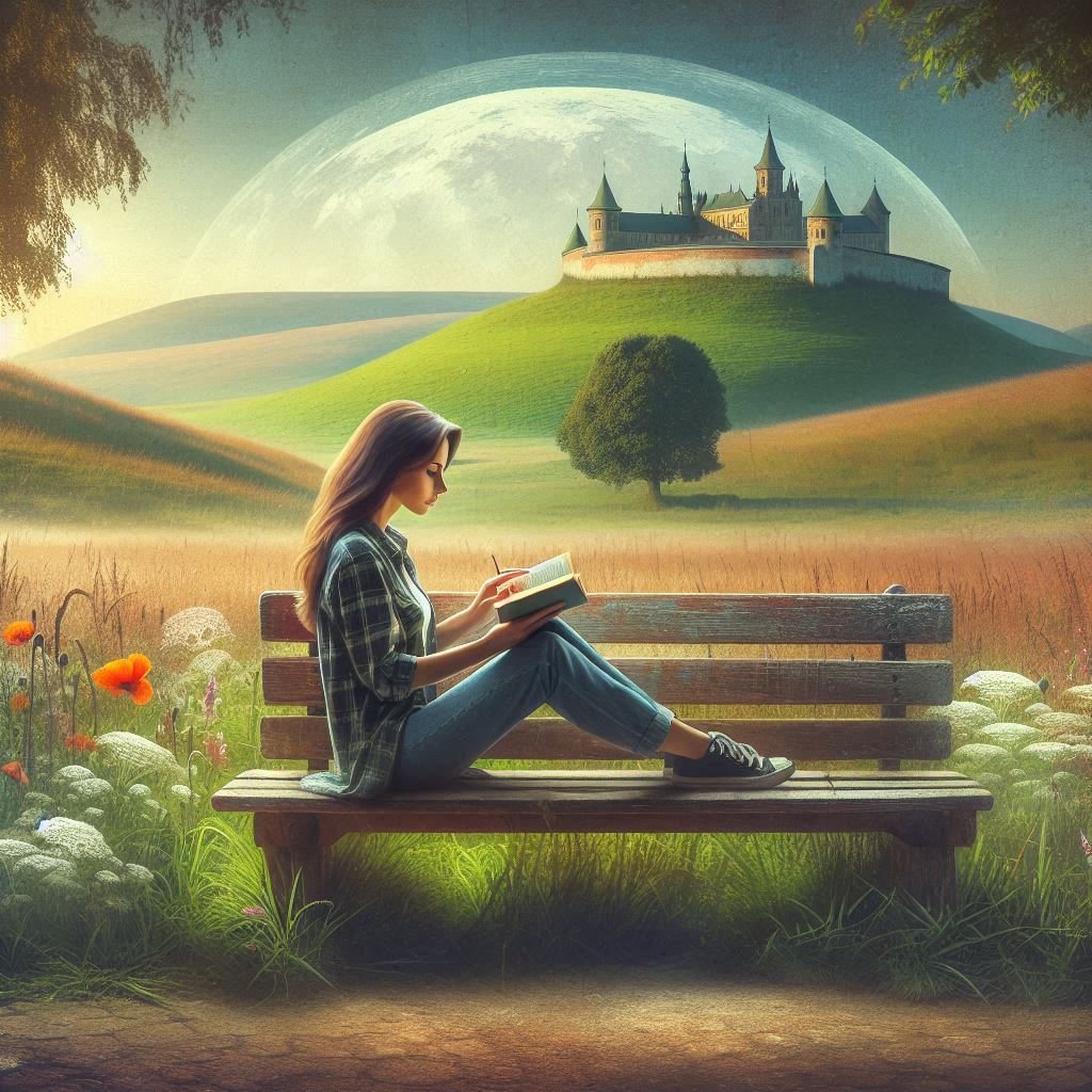 Rustic AI-generated image featuring a girl sitting on a bench and reading a book.