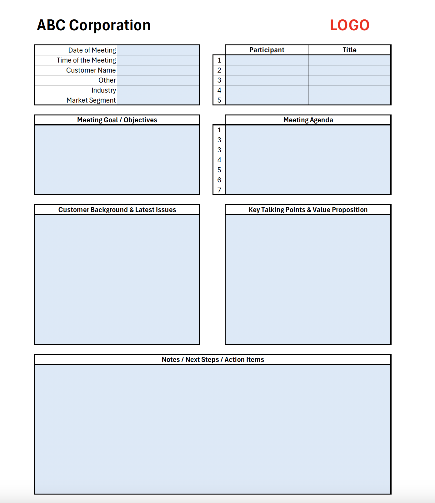 Simple sales pre-call planning template for printing or excel