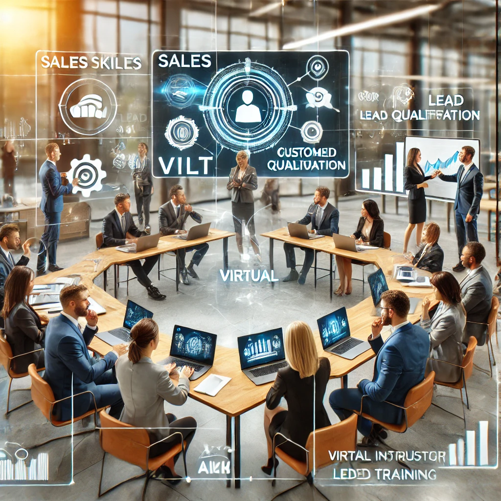 Sales Training and Development Environment. Sales Training and Development. A diverse group of sales professionals gathered around a modern training environment.