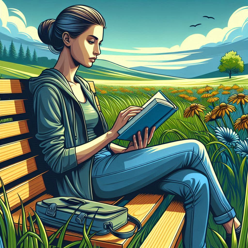 Sleek AI-generated image featuring a girl sitting on a bench and reading a book.