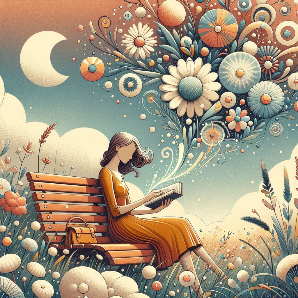 Whimsical AI-generated image featuring a girl sitting on a bench and reading a book.